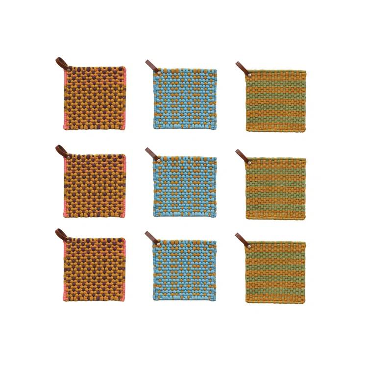 Creative Co-Op Multi-Tone Cotton Crocheted Pot Holder With Leather Loop (Set of 3)