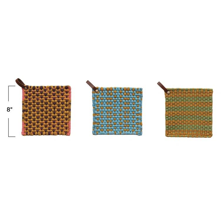 Creative Co-Op Multi-Tone Cotton Crocheted Pot Holder With Leather Loop (Set of 3)