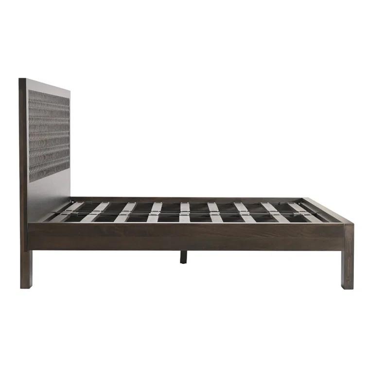 King Dark Brown Mango Wood Platform Bed with Carved Headboard