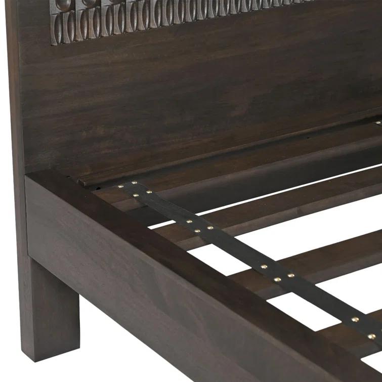 King Dark Brown Mango Wood Platform Bed with Carved Headboard