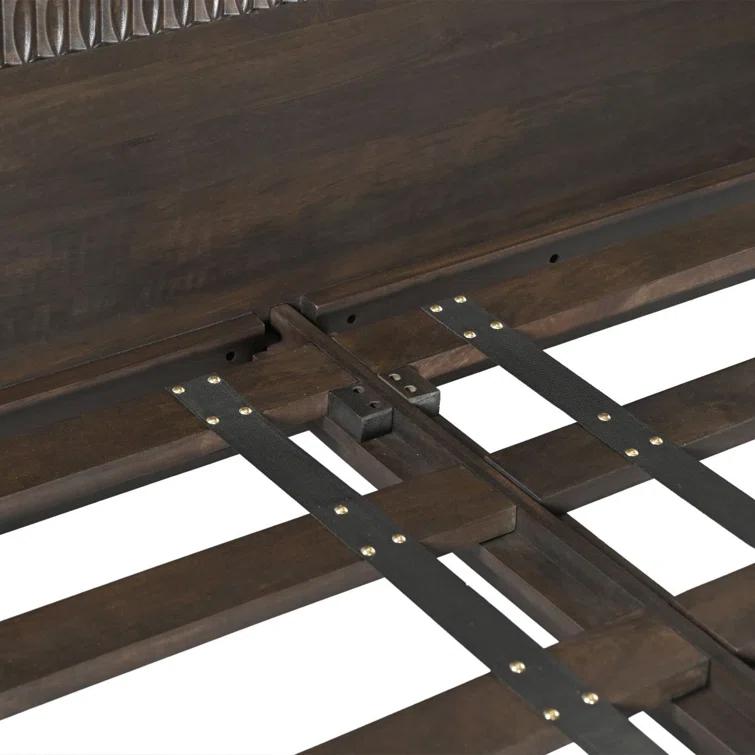 King Dark Brown Mango Wood Platform Bed with Carved Headboard