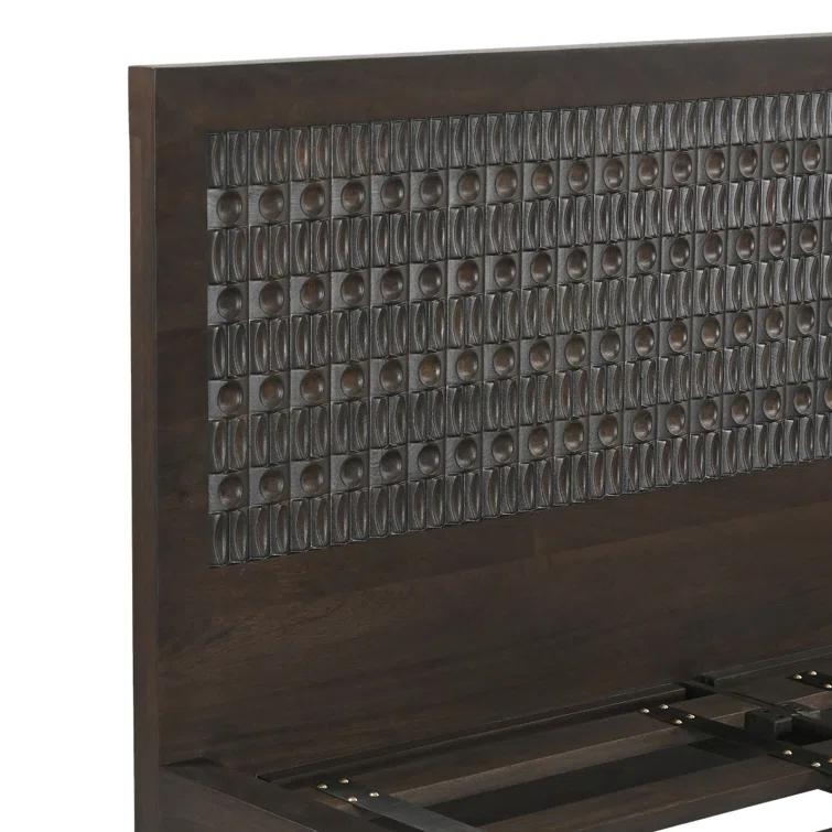 King Dark Brown Mango Wood Platform Bed with Carved Headboard