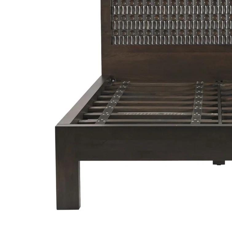 King Dark Brown Mango Wood Platform Bed with Carved Headboard