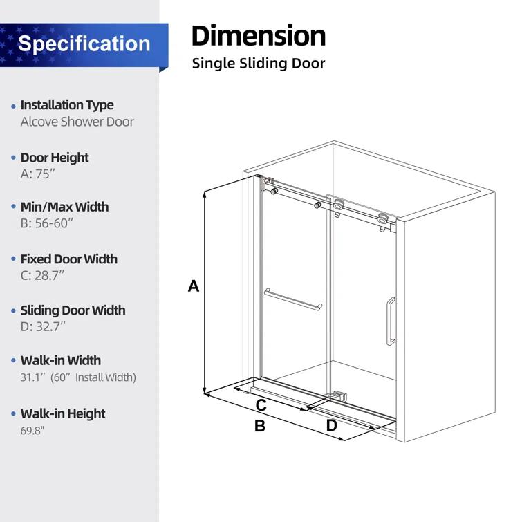 56"-60 ‘W x 75’ Aluminum Framed Shower Door