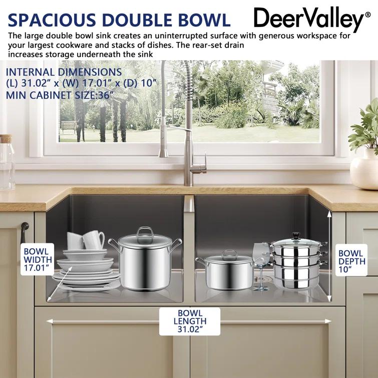 DeerValley 33'' L Undermount 50/50 Double Bowl Stainless Steel Kitchen Sink with Basket Strainers and Stainless Steel Grids