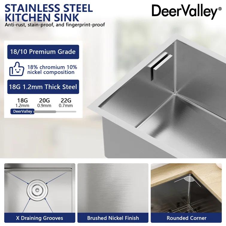 DeerValley 33'' L Undermount 50/50 Double Bowl Stainless Steel Kitchen Sink with Basket Strainers and Stainless Steel Grids