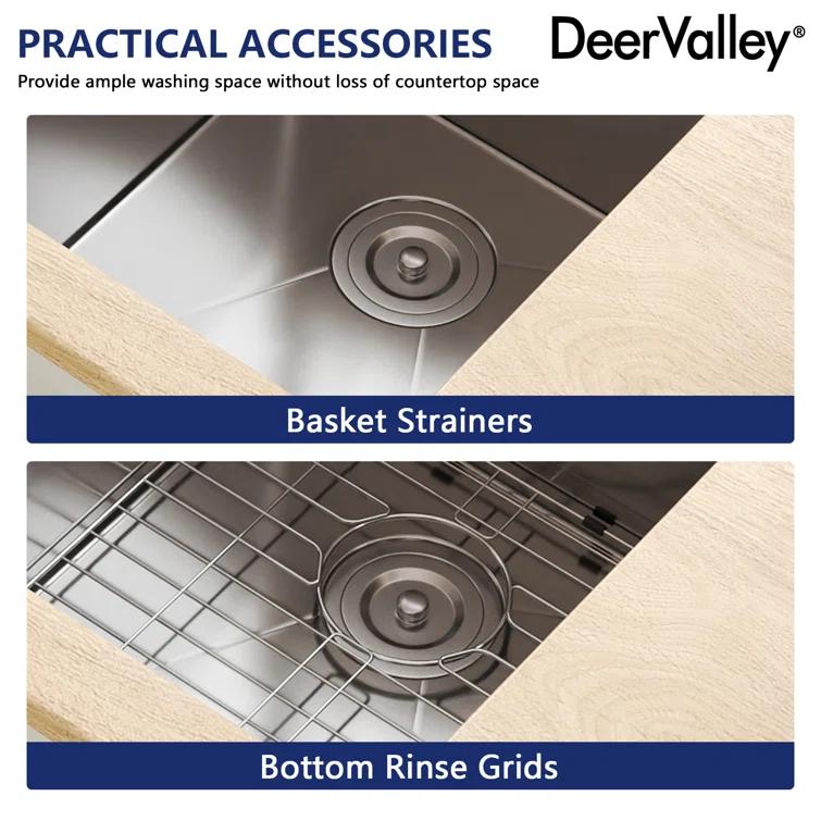 DeerValley 33'' L Undermount 50/50 Double Bowl Stainless Steel Kitchen Sink with Basket Strainers and Stainless Steel Grids