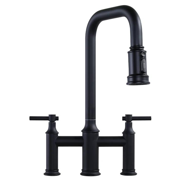 WOWOW 2318901B Bridge-Style Kitchen Faucet With Dual Handles And A Pull-Down Spray Head, Designed For Installation On A 3-Hole Kitchen Sink