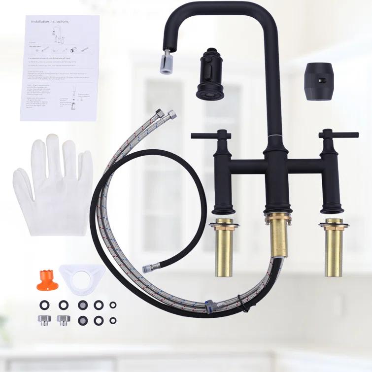 WOWOW 2318901B Bridge-Style Kitchen Faucet With Dual Handles And A Pull-Down Spray Head, Designed For Installation On A 3-Hole Kitchen Sink