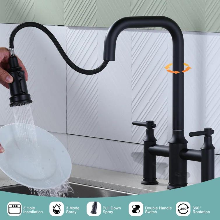 WOWOW 2318901B Bridge-Style Kitchen Faucet With Dual Handles And A Pull-Down Spray Head, Designed For Installation On A 3-Hole Kitchen Sink