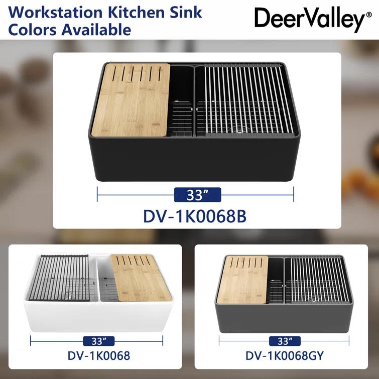 DeerValley 33" L X 20" W Double Basin Workstation Farmhouse Kitchen Sink With Sink Grid, Cutting Board And Dish-Drying Rack
