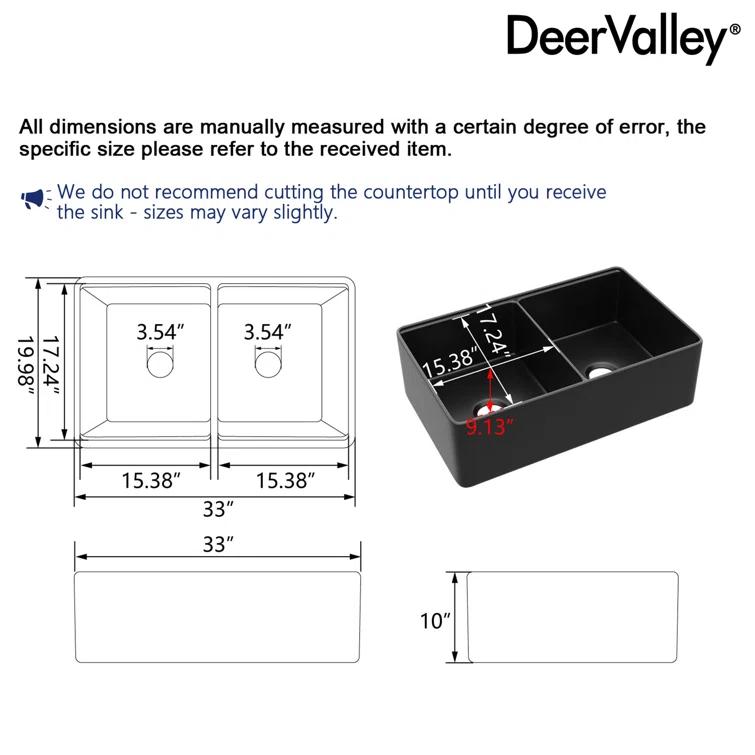 DeerValley 33" L X 20" W Double Basin Workstation Farmhouse Kitchen Sink With Sink Grid, Cutting Board And Dish-Drying Rack
