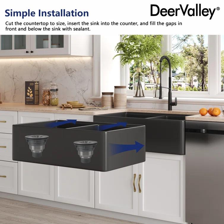 DeerValley 33" L X 20" W Double Basin Workstation Farmhouse Kitchen Sink With Sink Grid, Cutting Board And Dish-Drying Rack