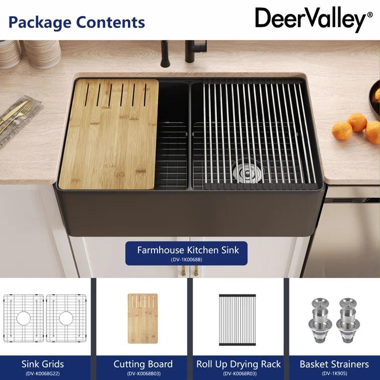 DeerValley 33" L X 20" W Double Basin Workstation Farmhouse Kitchen Sink With Sink Grid, Cutting Board And Dish-Drying Rack