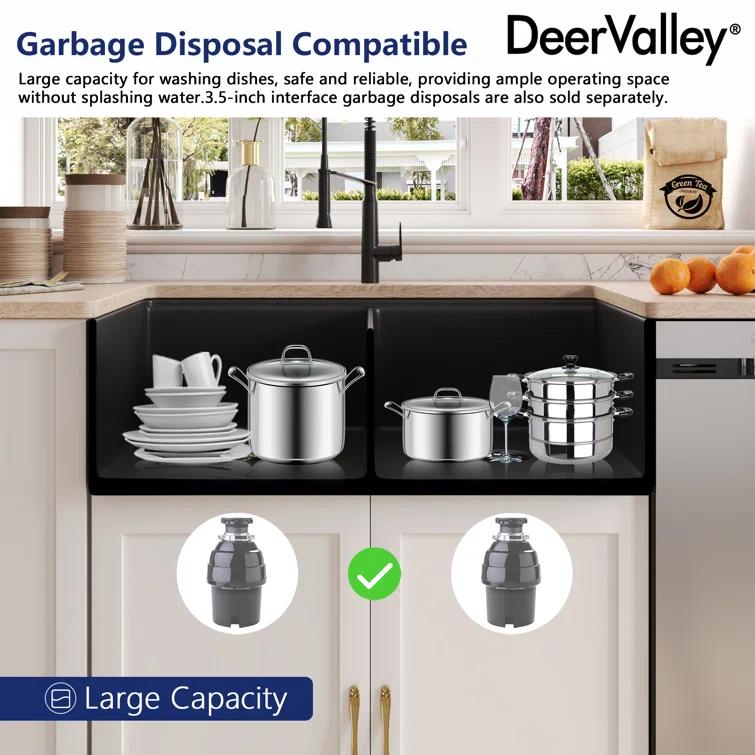 DeerValley 33" L X 20" W Double Basin Workstation Farmhouse Kitchen Sink With Sink Grid, Cutting Board And Dish-Drying Rack