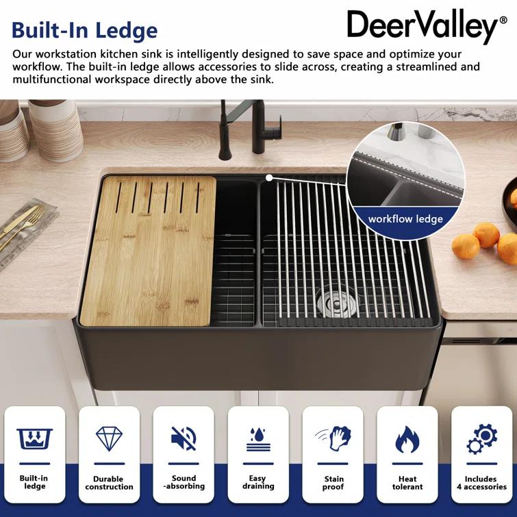 DeerValley 33" L X 20" W Double Basin Workstation Farmhouse Kitchen Sink With Sink Grid, Cutting Board And Dish-Drying Rack