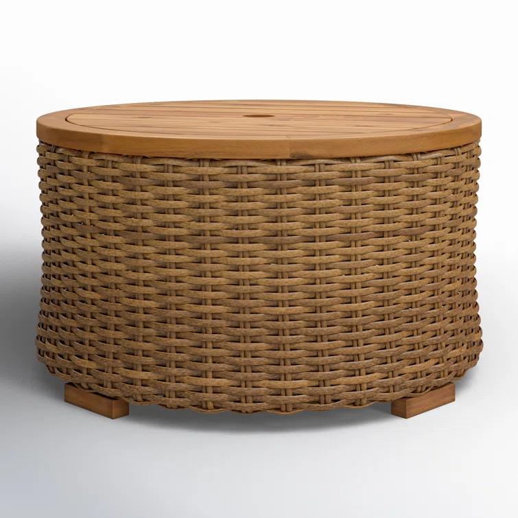 SAFAVIEH Couture Anguilla Outdoor Patio Round Wicker Coffee Table with Storage, Natural