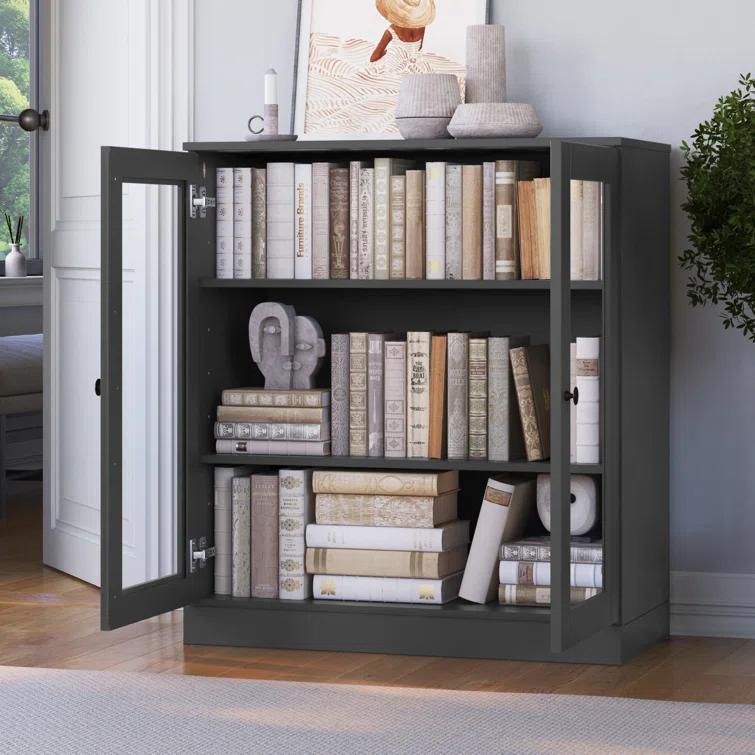 100% Solid Wood 3-Shelf Bookcase with Clear Glass Doors and Adjustable Shelves