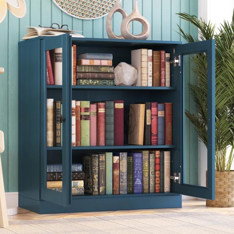 100% Solid Wood 3-Shelf Bookcase with Clear Glass Doors and Adjustable Shelves