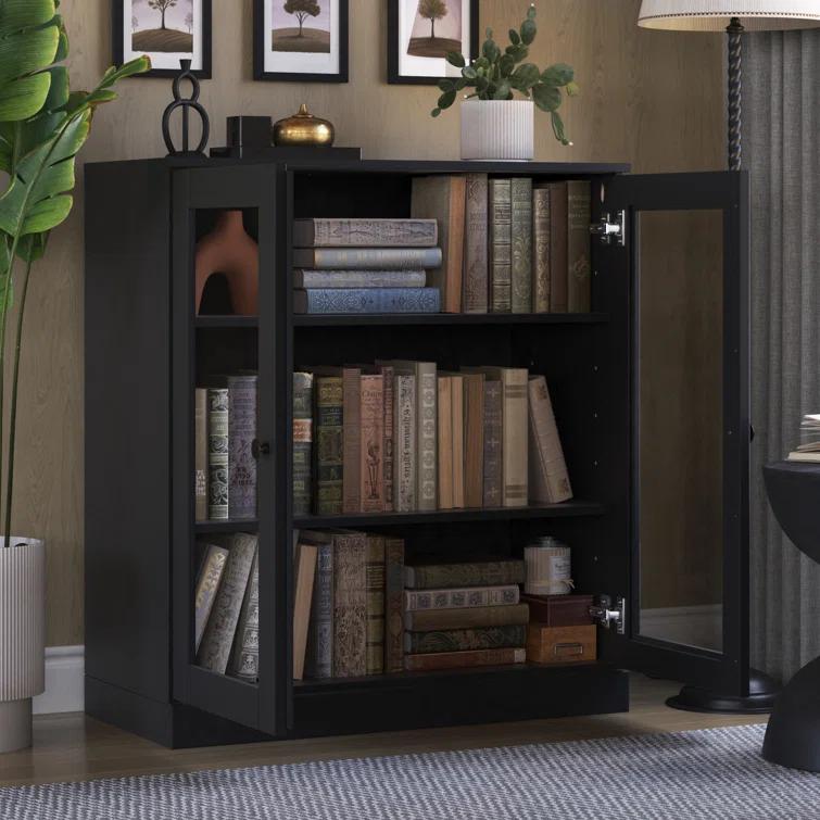 100% Solid Wood 3-Shelf Bookcase with Clear Glass Doors and Adjustable Shelves