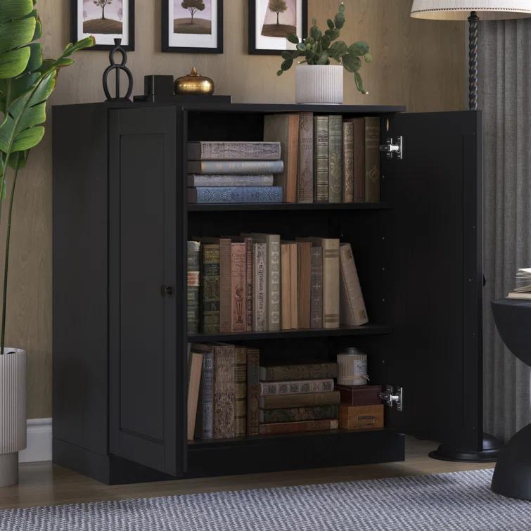 100% Solid Wood 3-Shelf Bookcase with Solid Doors and Adjustable Shelves