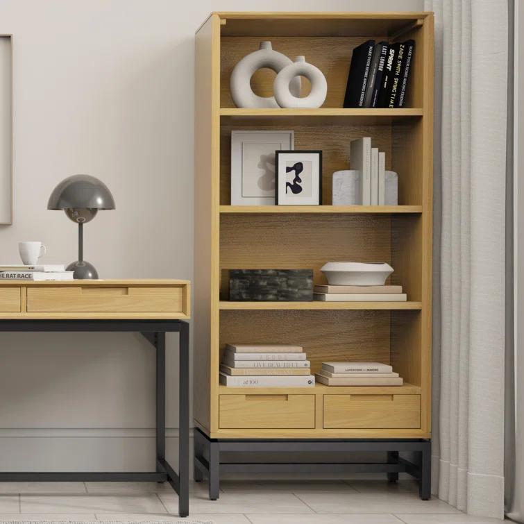 Banting 30"W Solid Wood 4 Shelf Industrial Bookcase with 2 Drawers, Adjustable Shelves, and Metal Base