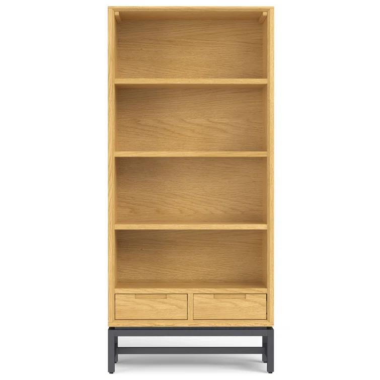 Banting 30"W Solid Wood 4 Shelf Industrial Bookcase with 2 Drawers, Adjustable Shelves, and Metal Base
