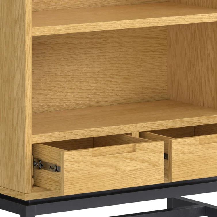 Banting 30"W Solid Wood 4 Shelf Industrial Bookcase with 2 Drawers, Adjustable Shelves, and Metal Base