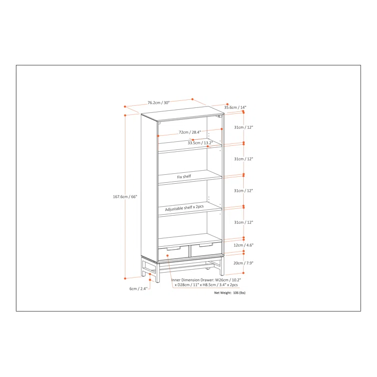 Banting 30"W Solid Wood 4 Shelf Industrial Bookcase with 2 Drawers, Adjustable Shelves, and Metal Base