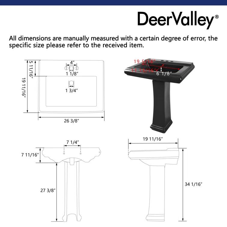 DeerValley Apex 34" Tall Rectangular Vitreous China Pedestal Bathroom Sink with Overflow DV-1P521
