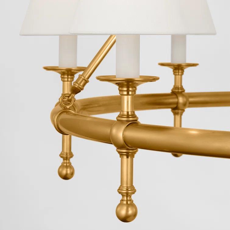 Antique-Burnished Brass 8-Light Chandelier with Linen Shades