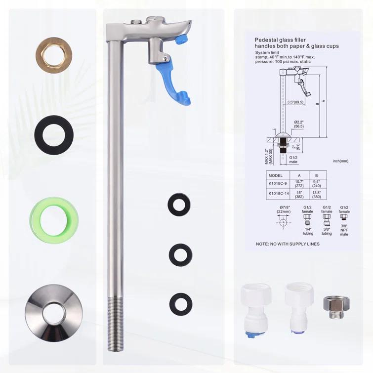 13.8 In. Commercial Deck Mounted Pot Filler Faucet, Glass Filling Station With Male Shank Pedestal In Brushed Nickel