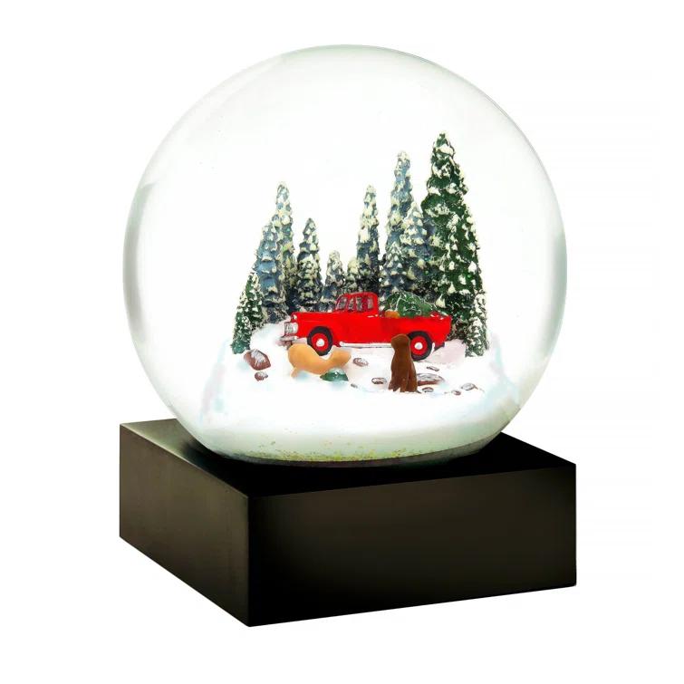 Handcrafted Glass Snow Globe with Red Truck and Dogs