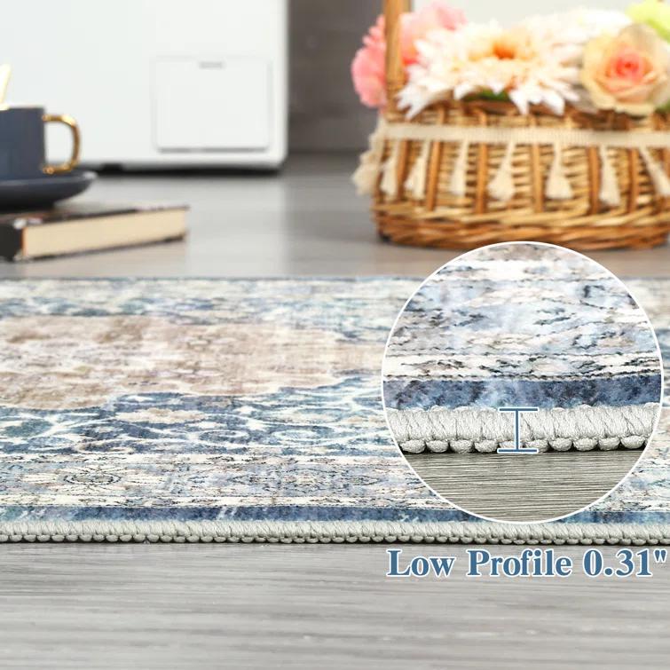 Oriental Machine Washable Rug with Rubber Backing for Living Room Floral Non-Slip Area Rug Vintage Indoor Carpet Non-Shedding Rug for Bedroom Dining Room Hallway Kitchen Office Playroom Nursery