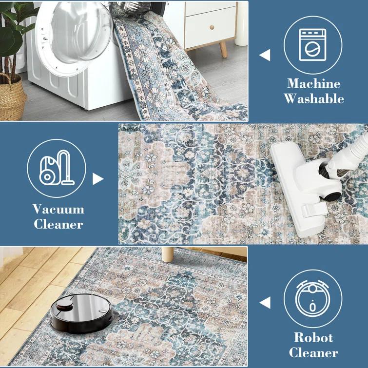 Oriental Machine Washable Rug with Rubber Backing for Living Room Floral Non-Slip Area Rug Vintage Indoor Carpet Non-Shedding Rug for Bedroom Dining Room Hallway Kitchen Office Playroom Nursery