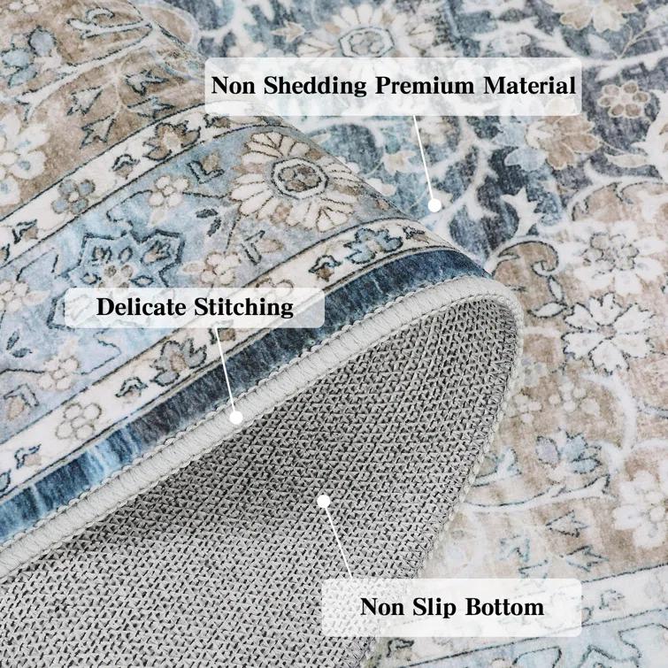 Oriental Machine Washable Rug with Rubber Backing for Living Room Floral Non-Slip Area Rug Vintage Indoor Carpet Non-Shedding Rug for Bedroom Dining Room Hallway Kitchen Office Playroom Nursery