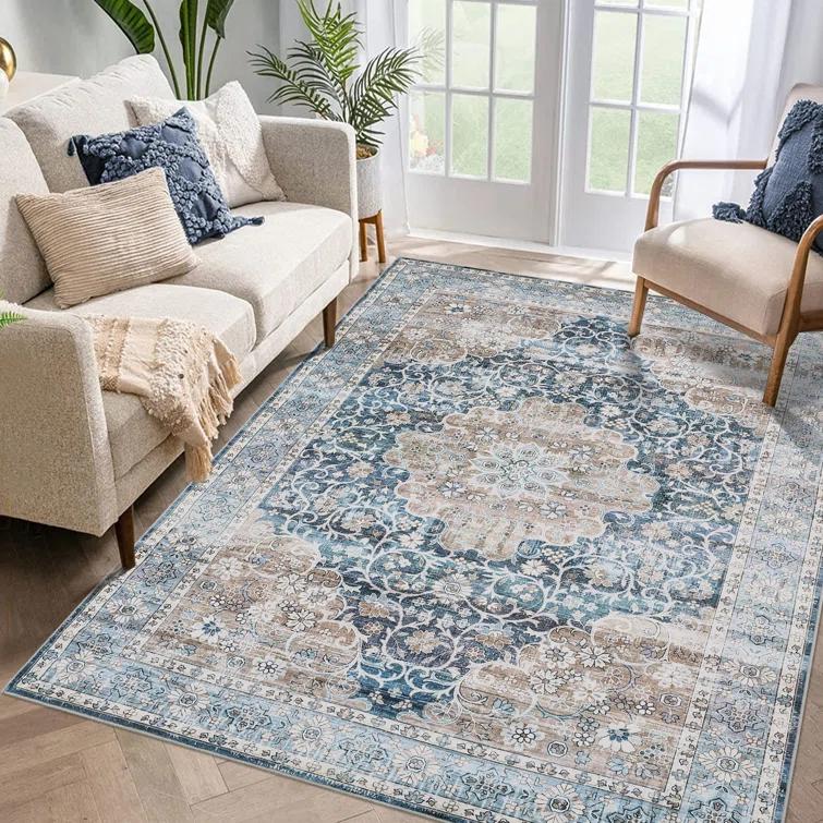 Oriental Machine Washable Rug with Rubber Backing for Living Room Floral Non-Slip Area Rug Vintage Indoor Carpet Non-Shedding Rug for Bedroom Dining Room Hallway Kitchen Office Playroom Nursery
