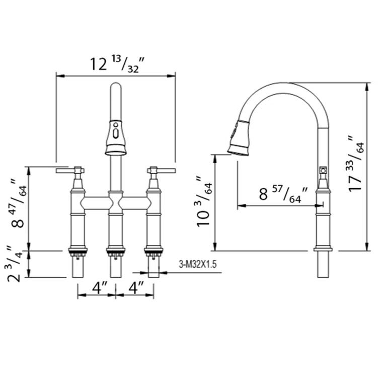 RBROHANT LYJ0078 17.32" Bridge Kitchen Faucet with Pull Down Sprayer, Bridge Faucet for Kitchen Sink 3 Holes