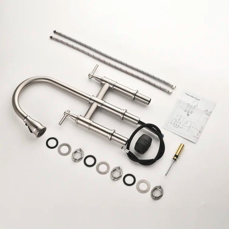 RBROHANT LYJ0078 17.32" Bridge Kitchen Faucet with Pull Down Sprayer, Bridge Faucet for Kitchen Sink 3 Holes