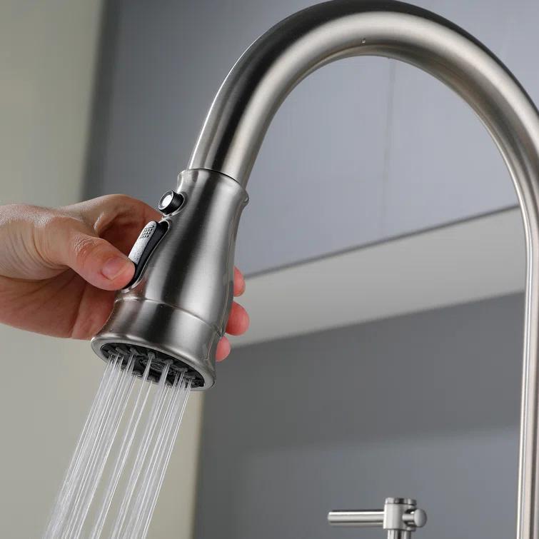 RBROHANT LYJ0078 17.32" Bridge Kitchen Faucet with Pull Down Sprayer, Bridge Faucet for Kitchen Sink 3 Holes