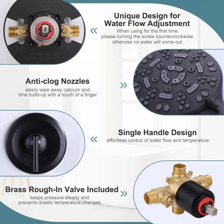 ARCORA AR9101400D Single Handle 7-Spray Tub & Shower Faucet Set 1.8 GPM Handheld Shower With Brass Rough-In Valve