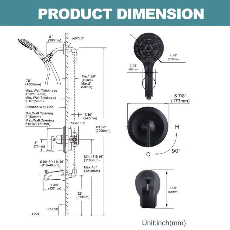 ARCORA AR9101400D Single Handle 7-Spray Tub & Shower Faucet Set 1.8 GPM Handheld Shower With Brass Rough-In Valve