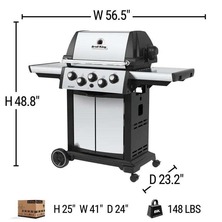 Broil King Signet 390 3-Burner Grill in Stainless Steel with Side Burner and Rear Rotisserie Burner