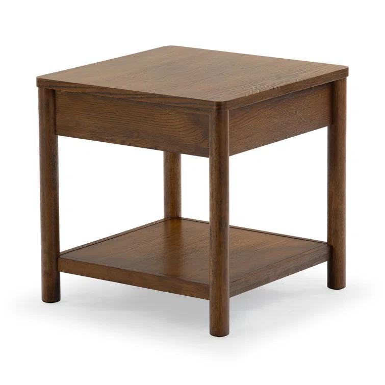 Medium Oak Wood and Metal End Table with Storage Drawer