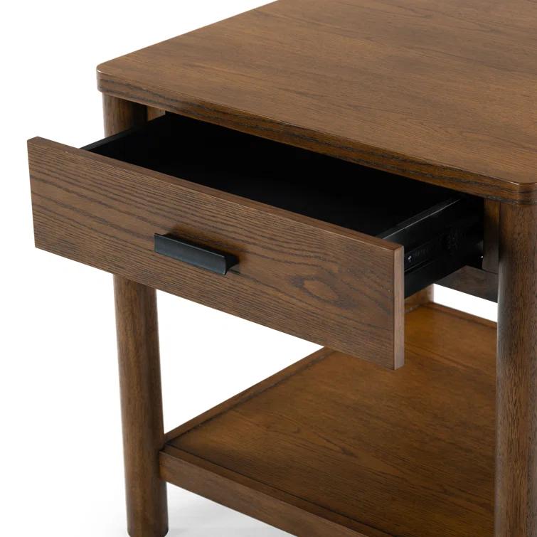 Medium Oak Wood and Metal End Table with Storage Drawer