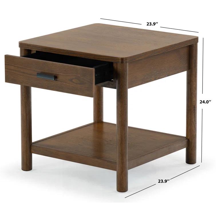 Medium Oak Wood and Metal End Table with Storage Drawer