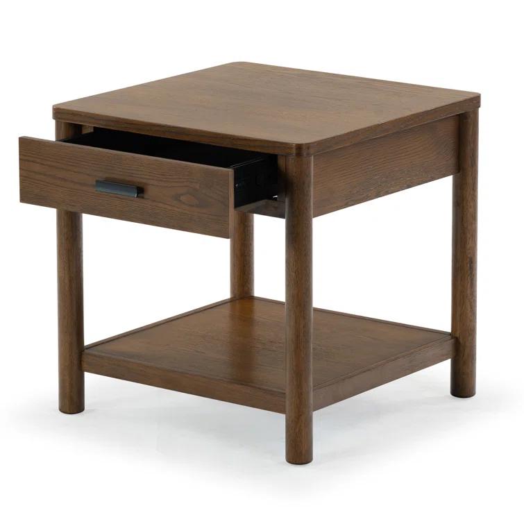 Medium Oak Wood and Metal End Table with Storage Drawer