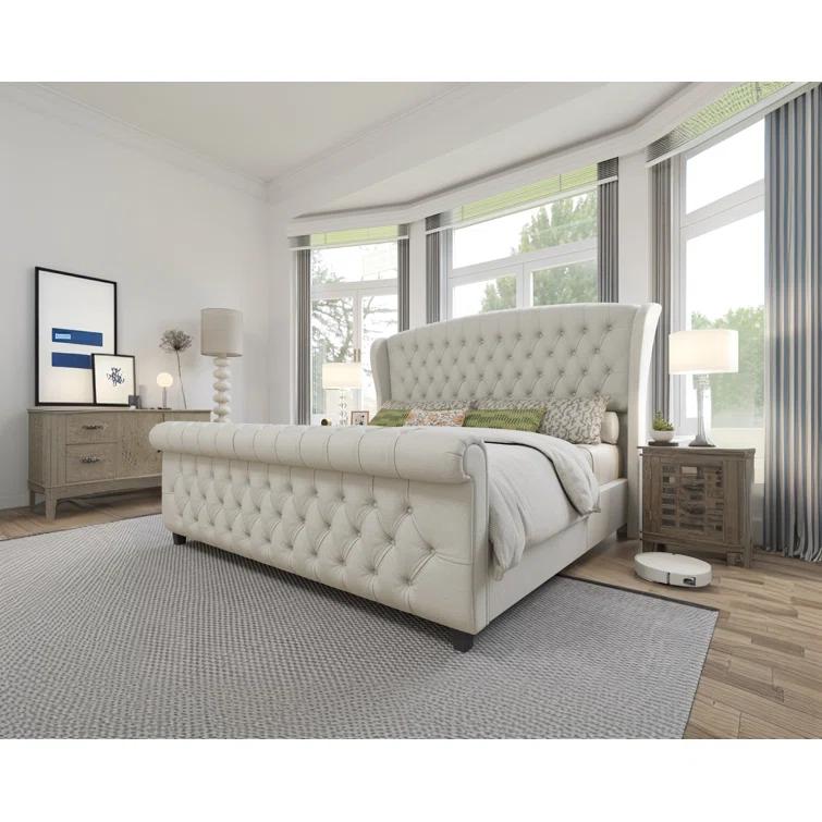 Dulane Chenille Upholstered Sleigh Bed with Scroll Wingback Headboard