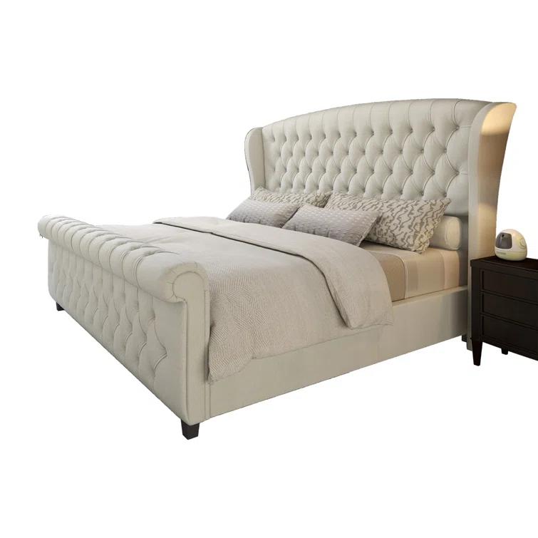 Dulane Chenille Upholstered Sleigh Bed with Scroll Wingback Headboard