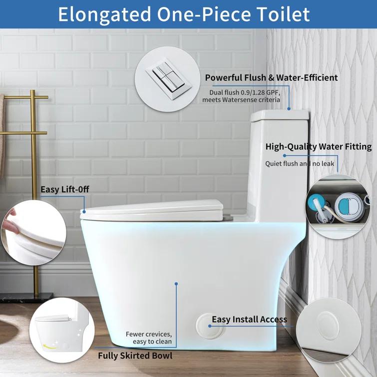 17" Comfort Height StandardToilet, Dual-Flush Modern Elongated One-Piece Toilet with Glazed Surface (Seat lncluded)